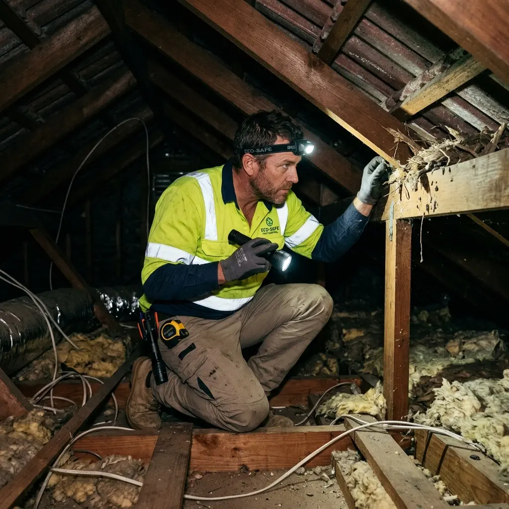 Technician inspecting a roof cavity for a dead animal in Yarra Glen